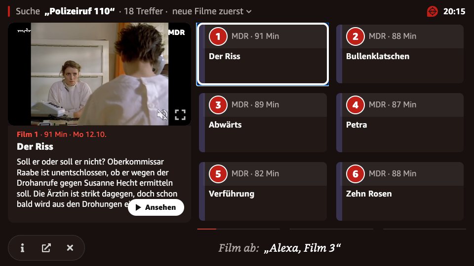 Ergebnisseite von Krimizeit auf dem Fernseher mit Fire TV nach der Suche „Polizeiruf 110“, 18 Treffer. Zu sehen sind 1. „Der Riss“ (MDR, 91 Minuten), 2. „Bullenklatschen“ (MDR, 88 Minuten), 3. „Abwärts“ (MDR, 89 Minuten), 4. „Petra“ (MDR, 87 Minuten), 5. „Verführung“ (MDR, 82 Minuten), 6. „Zehn Rosen“ (MDR, 88 Minuten). Film 1 ist ausgewählt; links stehen seine Vorschau und Beschreibung.
