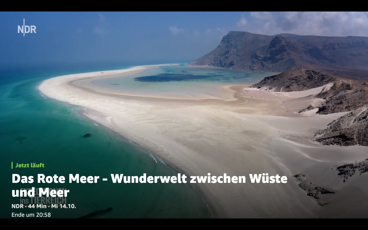 Der Player von Naturzeit auf dem Echo Show: „Das Rote Meer - Wunderwelt zwischen Wüste und Meer“ (NDR, 44 Minuten) läuft im Vollbild, unten links die Titelkarte mit Sender, Länge und Uhrzeit des Filmendes.