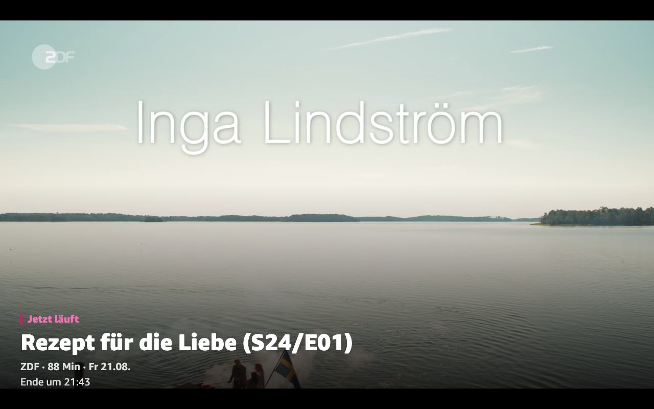 Der Player von Rosenzeit auf dem Echo Show: „Rezept für die Liebe (S24/E01)“ (ZDF, 88 Minuten) läuft im Vollbild, unten links die Titelkarte mit Sender, Länge und Uhrzeit des Filmendes.