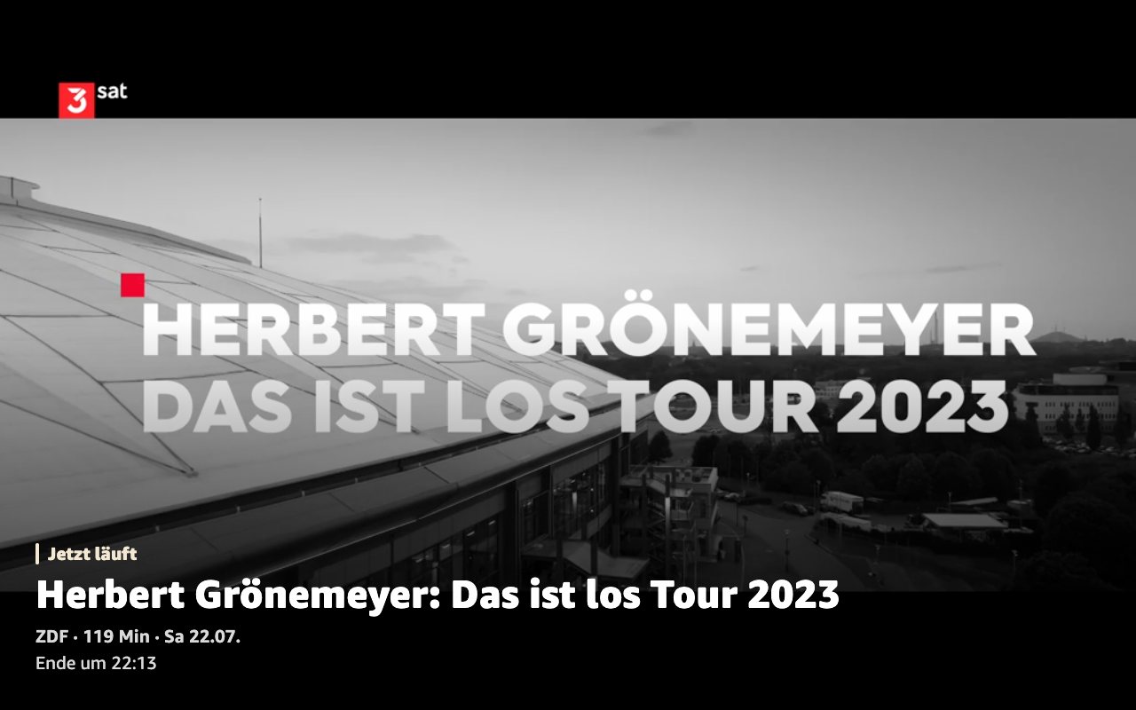 Der Player von ShowTime auf dem Echo Show: „Herbert Grönemeyer: Das ist los Tour 2023“ (ZDF, 119 Minuten) läuft im Vollbild, unten links die Titelkarte mit Sender, Länge und Uhrzeit des Filmendes.